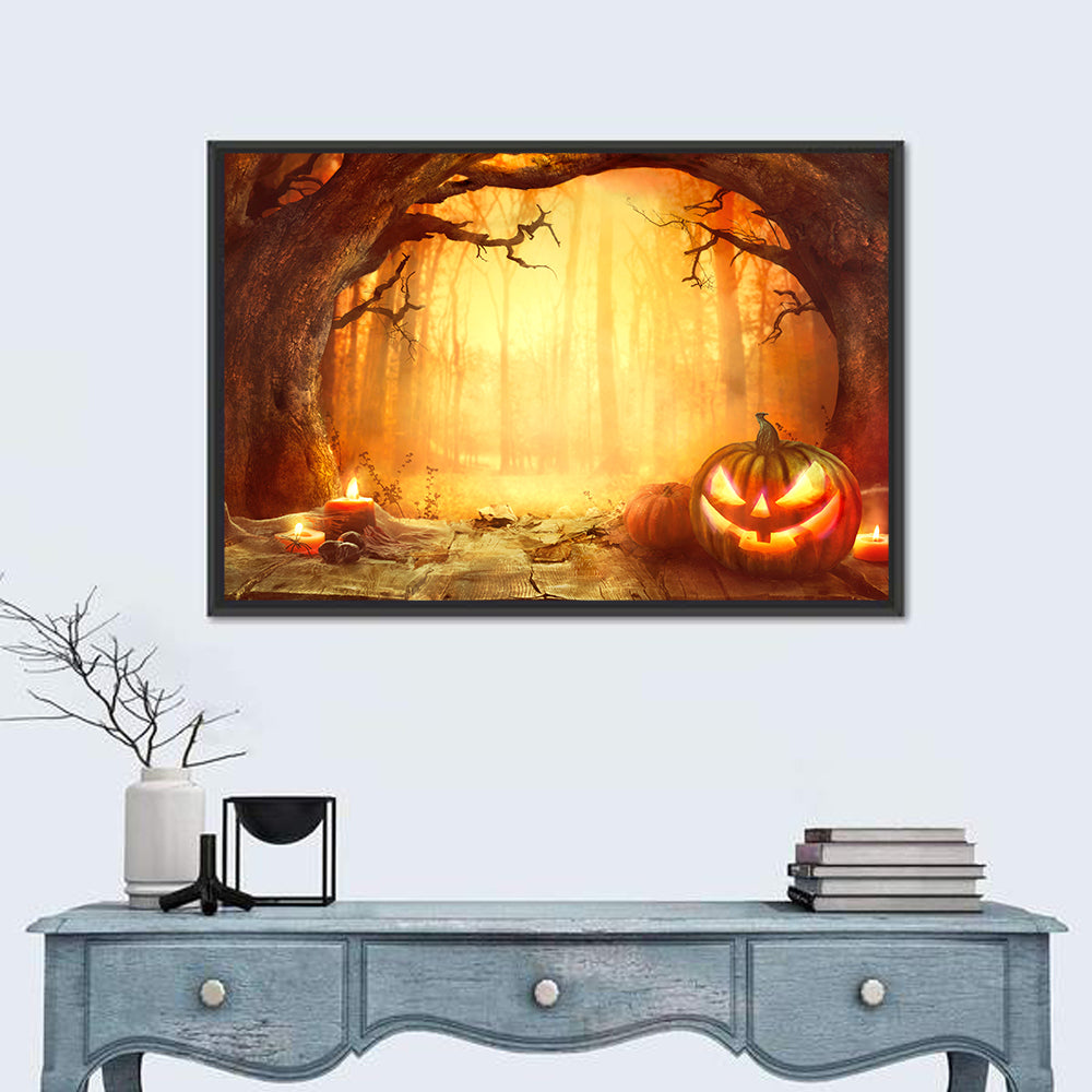 Halloween Jack O'lantern in Dark Forest Wall Art in a room, landscape