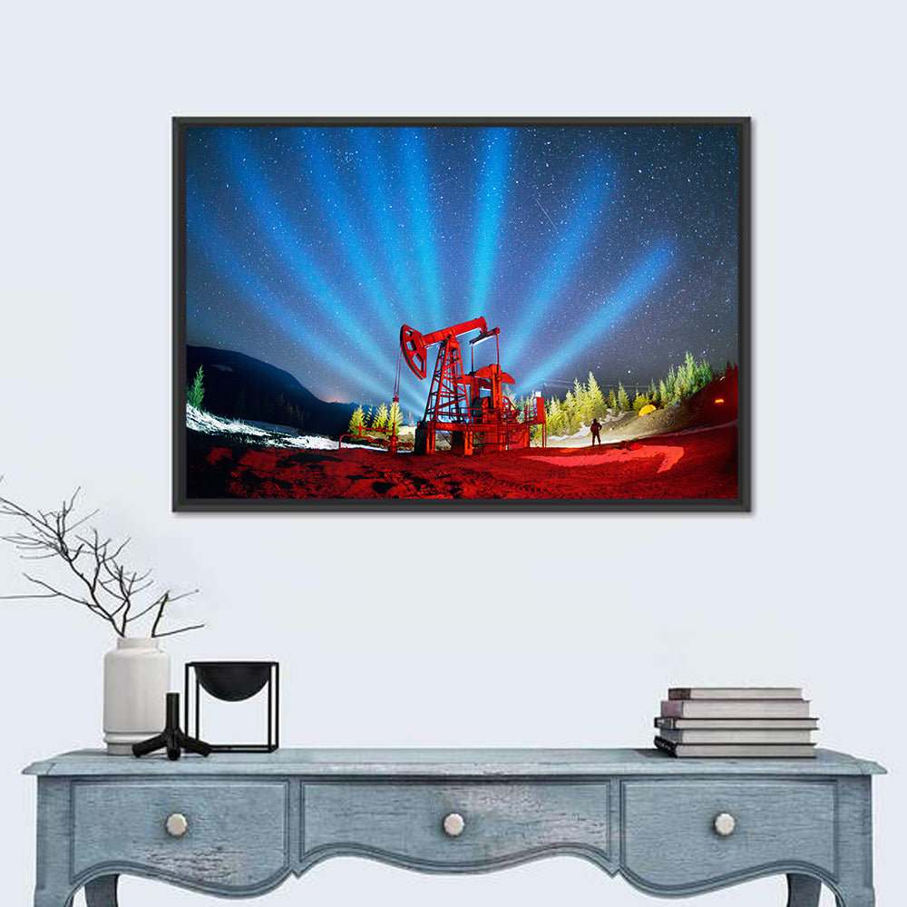 Starry Night Oil Pump Jack Wall Art in a room, landscape