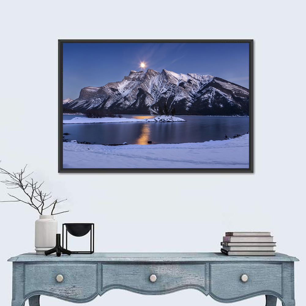 Moonlit Lake Minnewanka Wall Art in a room, landscape