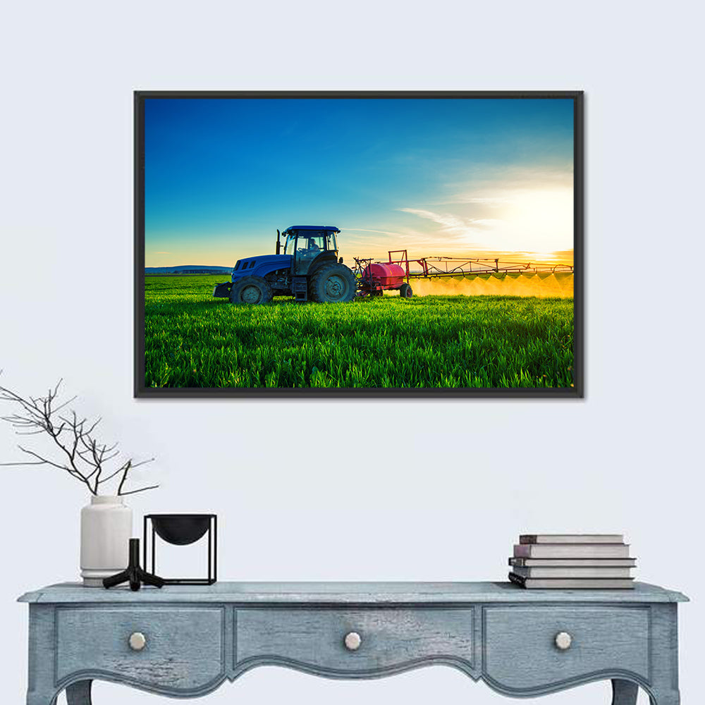 Tractor Spraying Crops at Golden Hour Wall Art