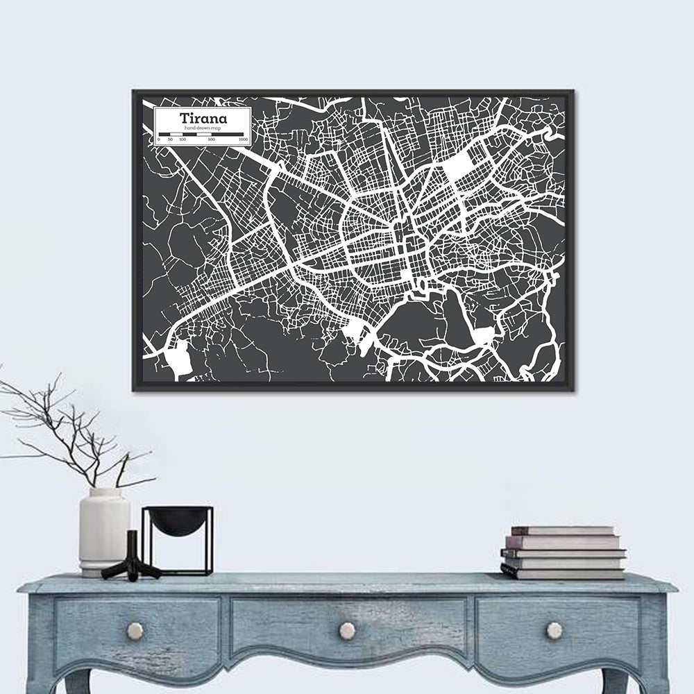 Tirana City Map Wall Art in a room, landscape