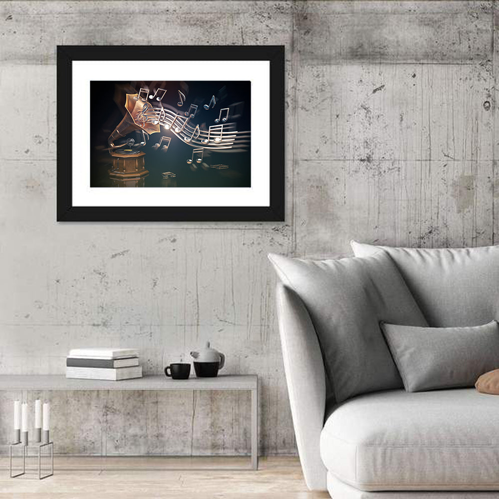 Gramophone with Flowing Musical Staff Wall Art in a room, landscape