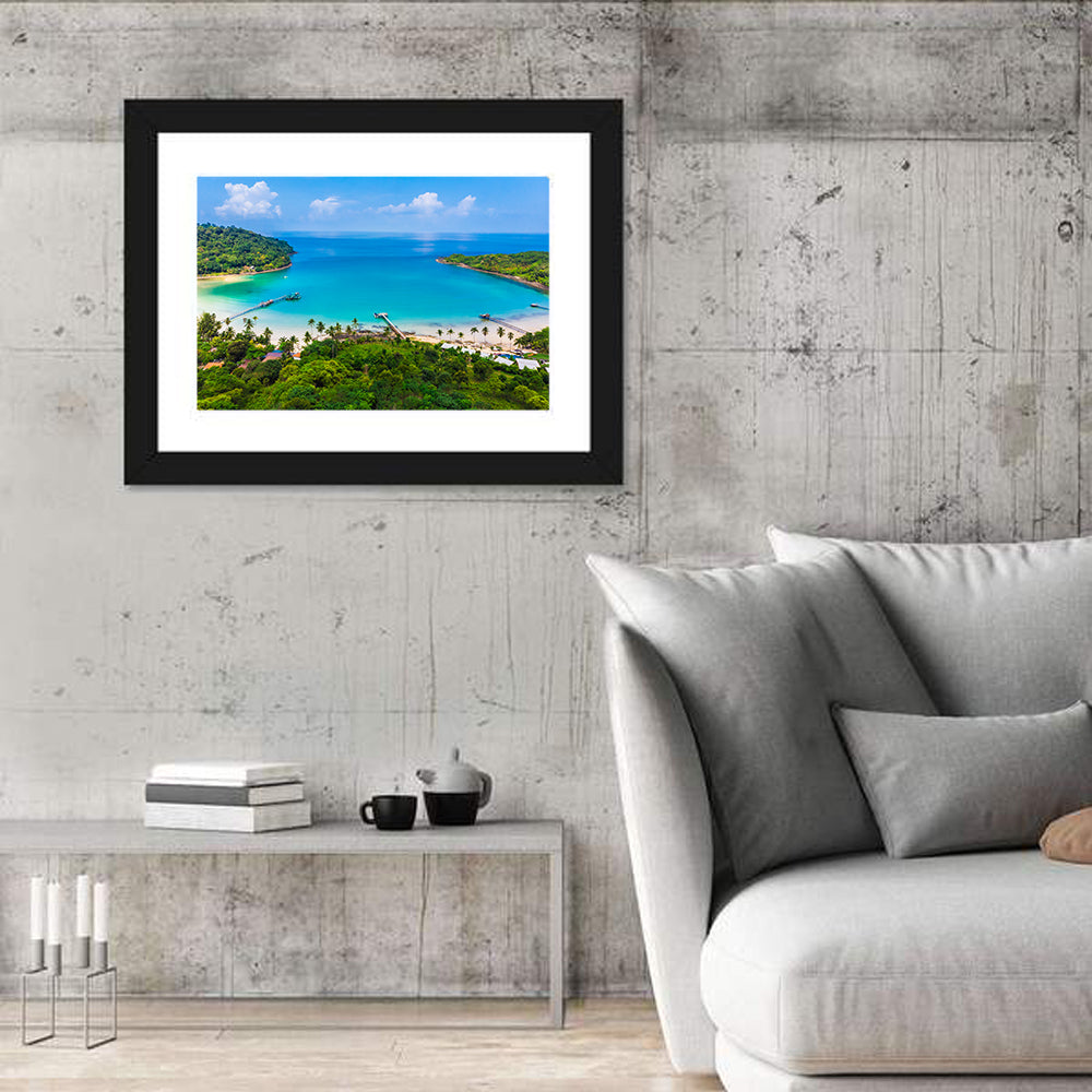 Tropical Bay with Wooden Piers Wall Art in a room, landscape