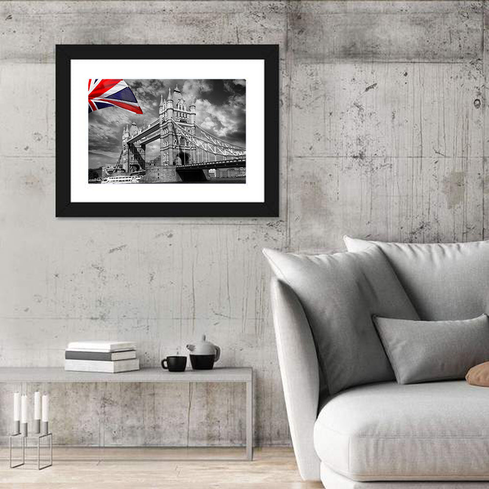 Tower Bridge with Flag Accent Wall Art in a room, landscape