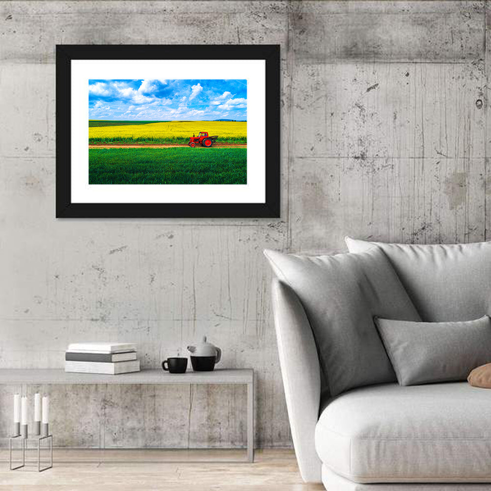 Red Tractor Over Yellow Rapeseed Field Wall Art