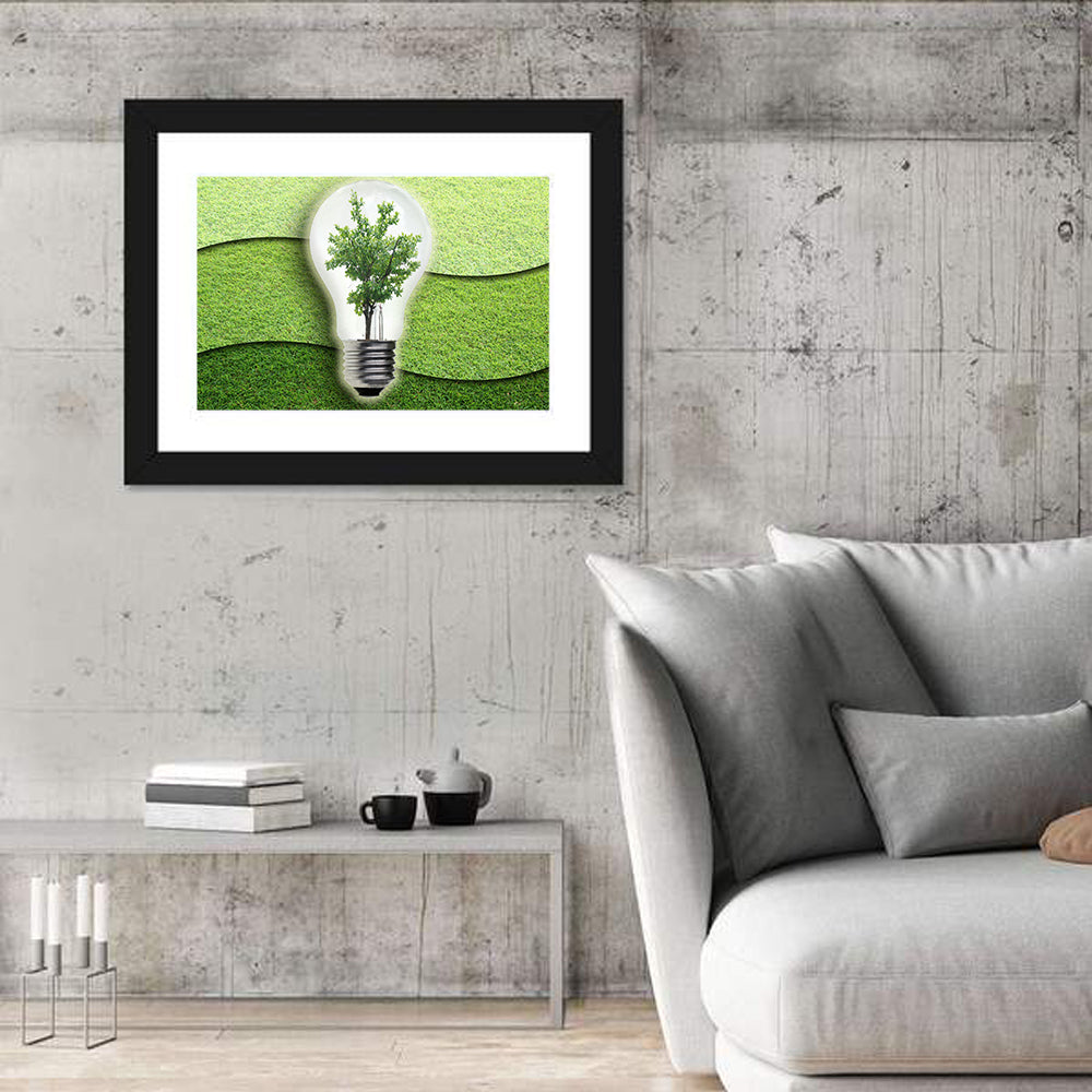 Light Bulb Tree Earth Concept Wall Art in a room, landscape
