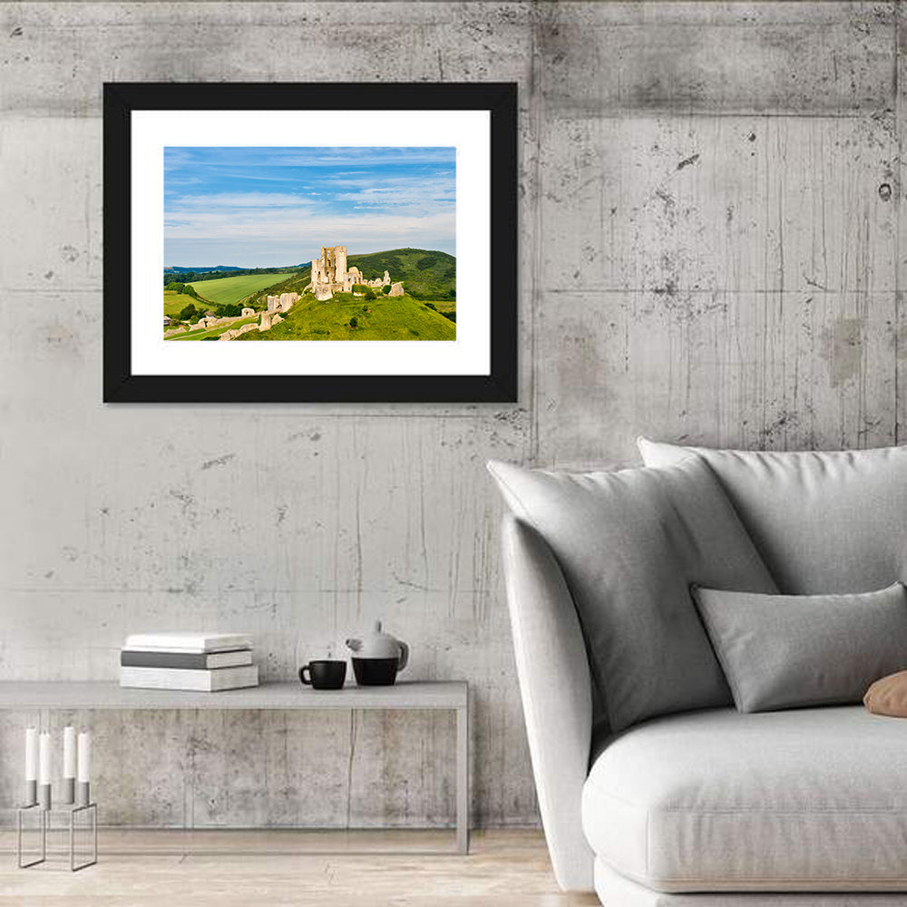 Corfe Castle Ruins Wall Art in a room, landscape