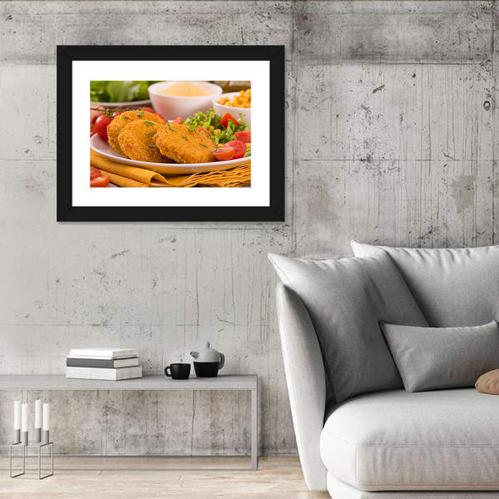 Golden Corn Cutlet Burger Wall Art in a room, landscape