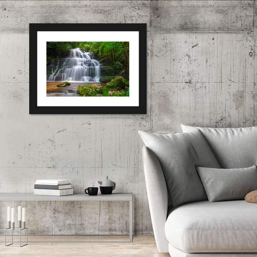 Mun Daeng Waterfall with Mossy Boulders Wall Art in a room, landscape