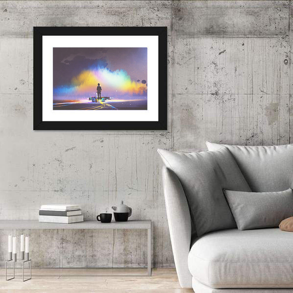 Silhouette with Paint Buckets and Rainbow Light Wall Art in a room, landscape