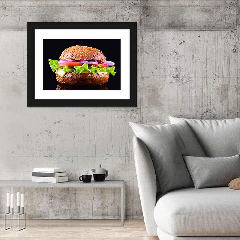 Sesame Bun Vegetarian Burger Wall Art in a room, landscape