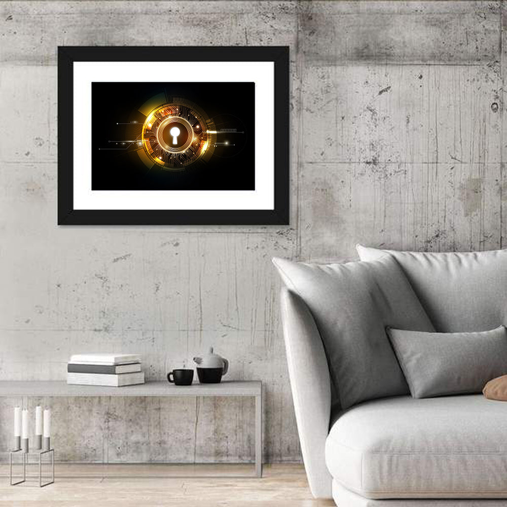 Glowing Keyhole Tech Abstract Wall Art in a room, landscape