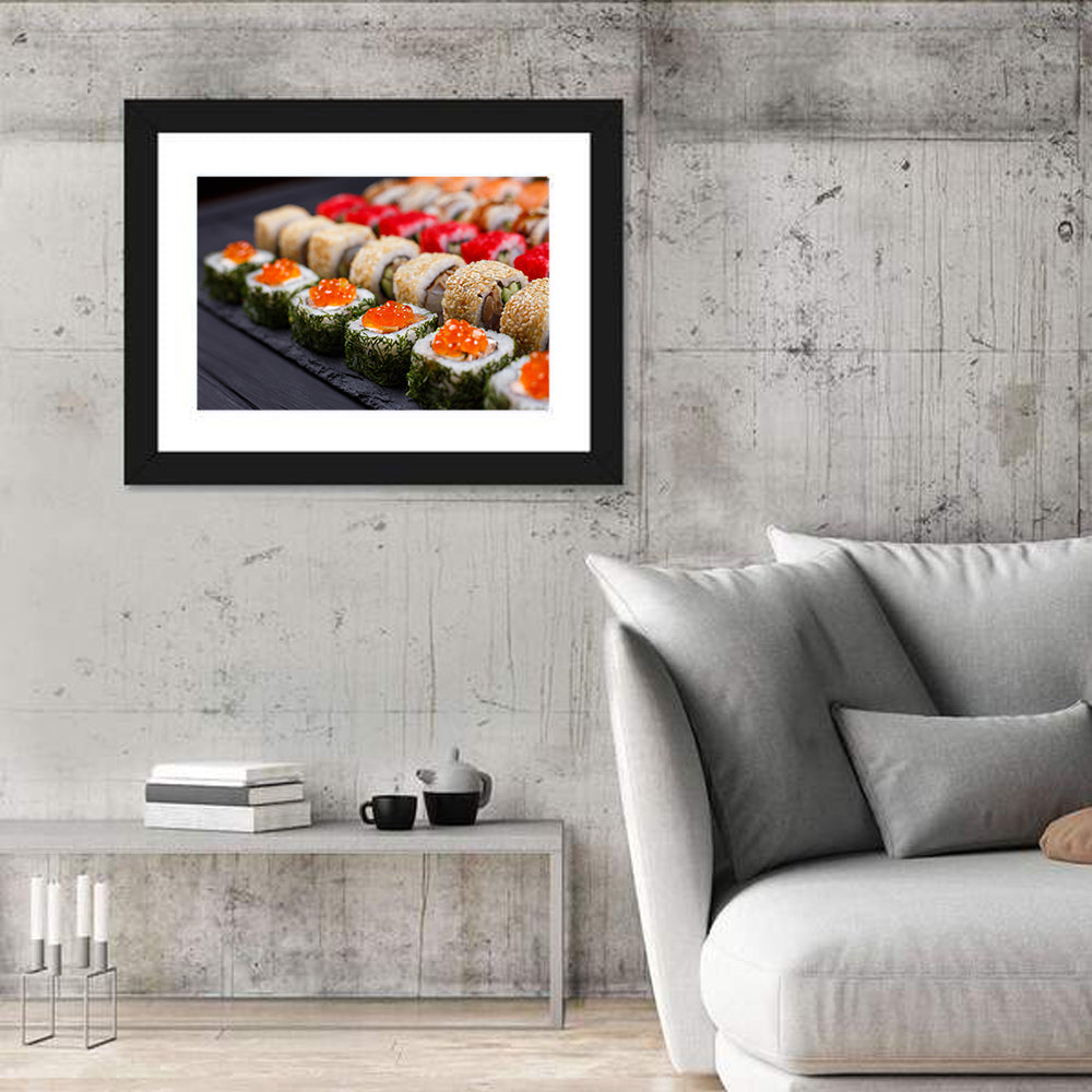 Sushi Rolls with Salmon Roe Wall Art in a room, landscape