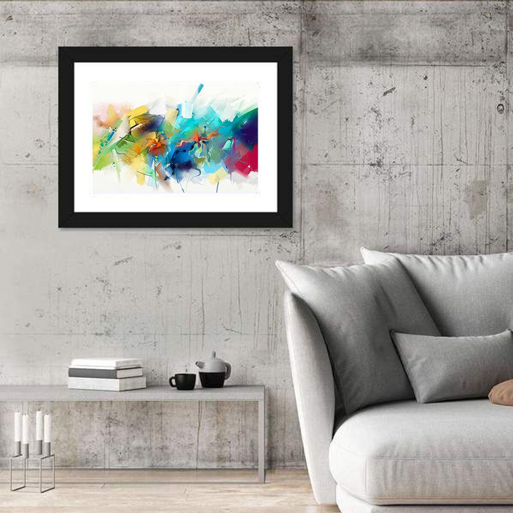 Teal Blue Color Burst Abstract Wall Art in a room, landscape