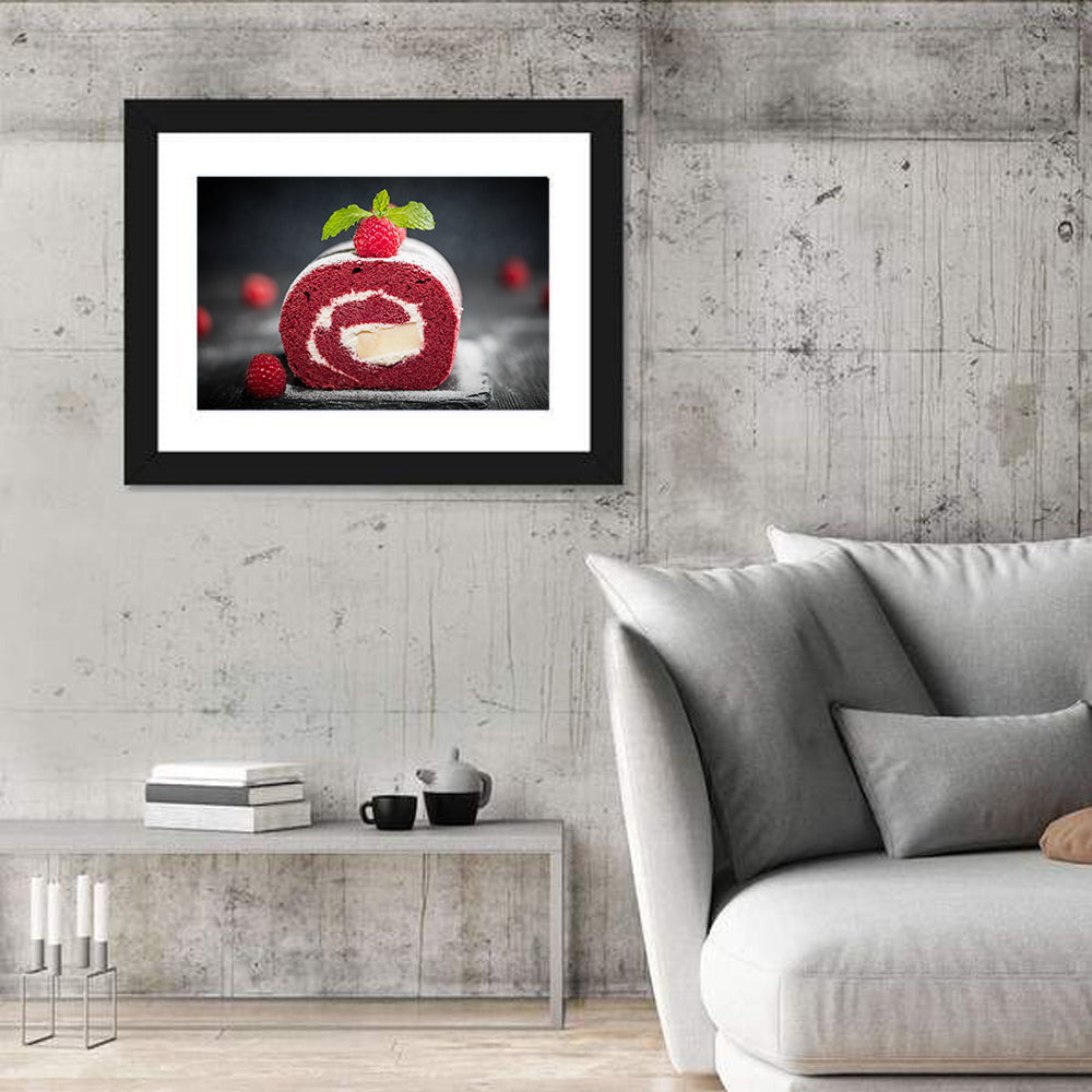 Raspberry Swiss Roll Cake Wall Art in a room, landscape