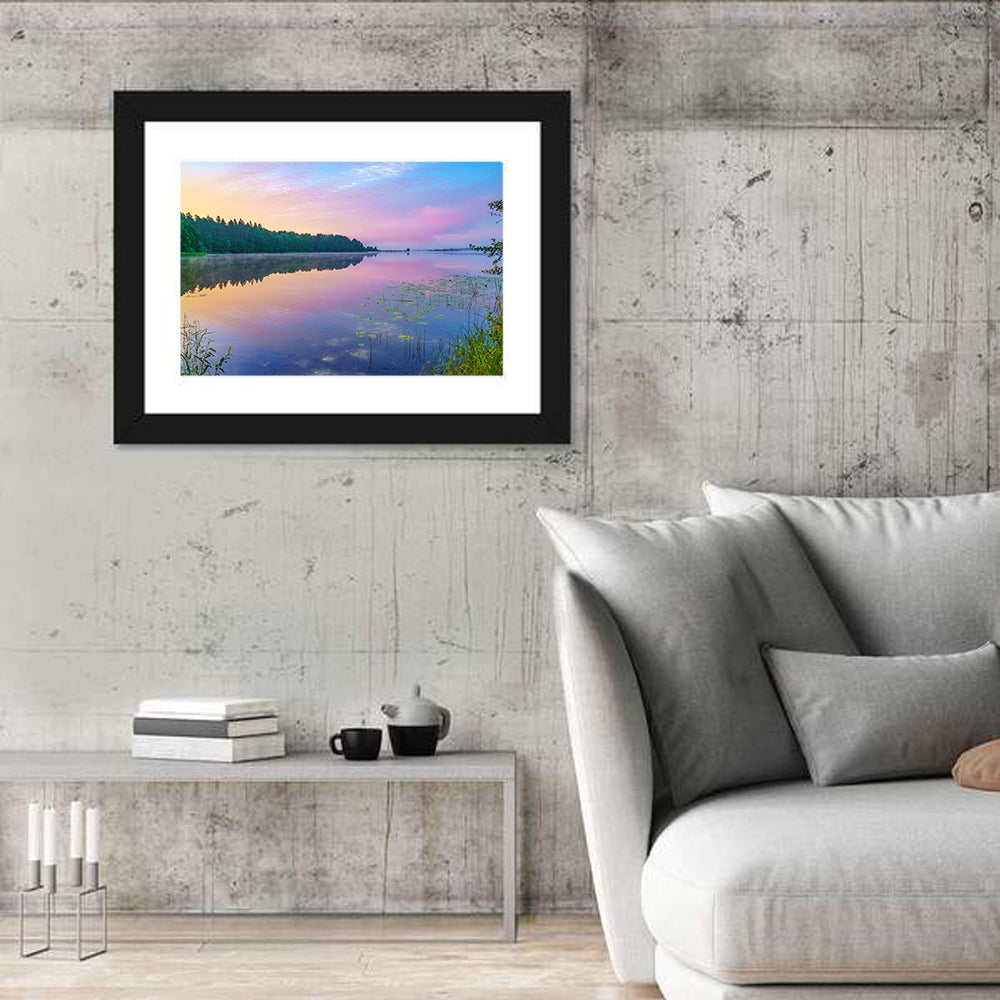 Sunrise Over Forest Lake Wall Art in a room, landscape
