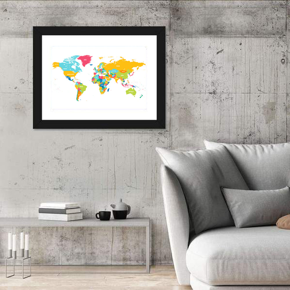 Colorful World Map Wall Art in a room, landscape