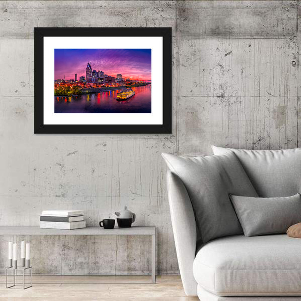 Nashville Riverfront Skyline at Dusk Wall Art in a room, landscape