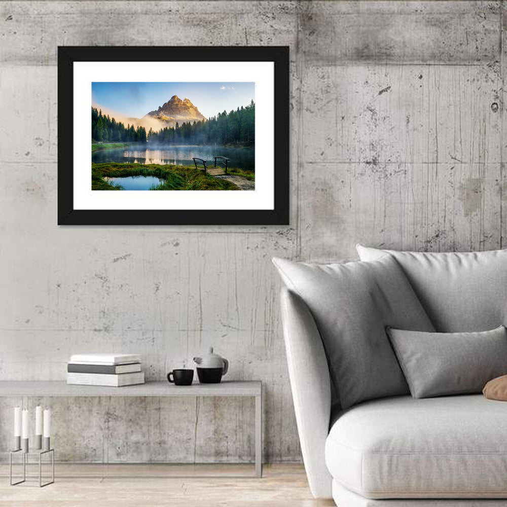 Lago D'antorno with Tre Cime Peaks Wall Art in a room, landscape