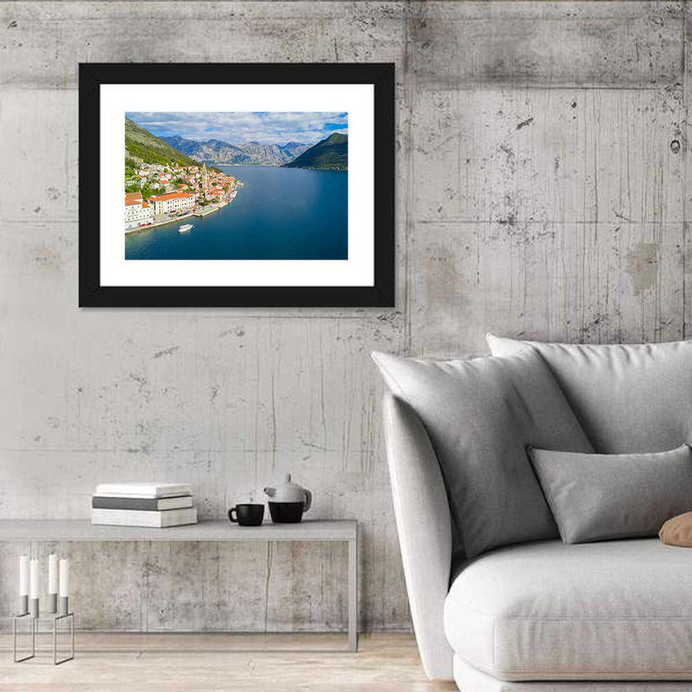 Perast Aerial Coastal View Wall Art in a room, landscape