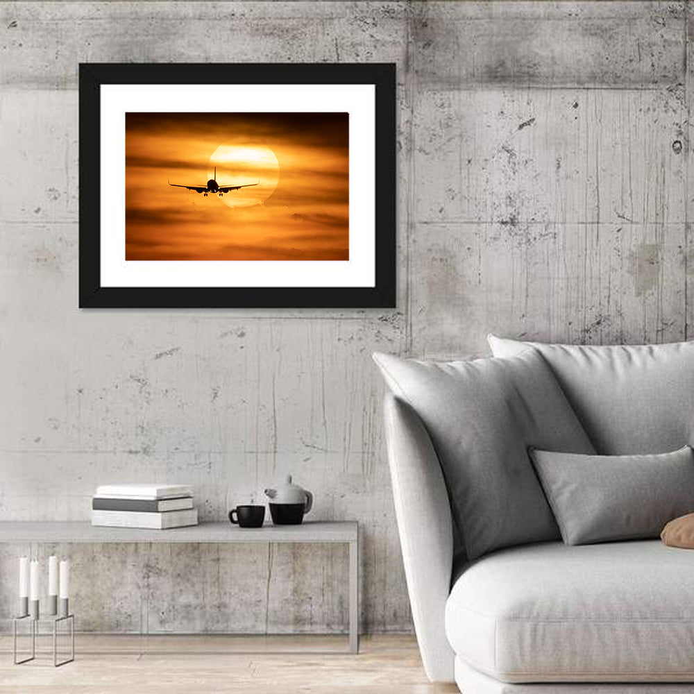 Airplane Silhouette at Golden Sunset Wall Art