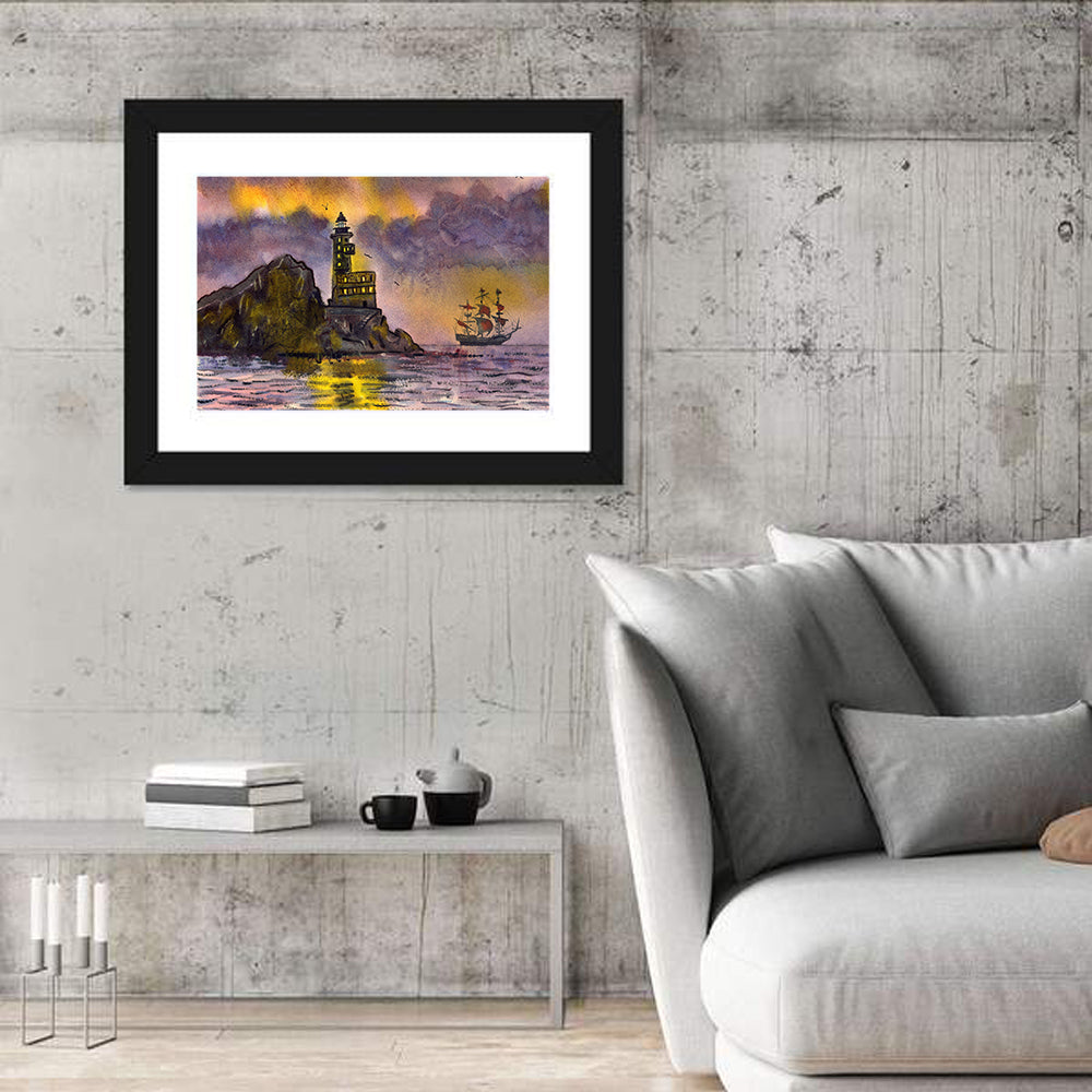 Lighthouse and Sailing Ship at Dusk Wall Art in a room, landscape