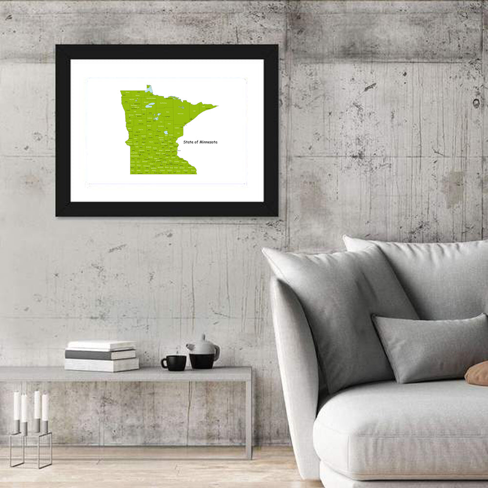 Green Minnesota County Map Wall Art in a room, landscape