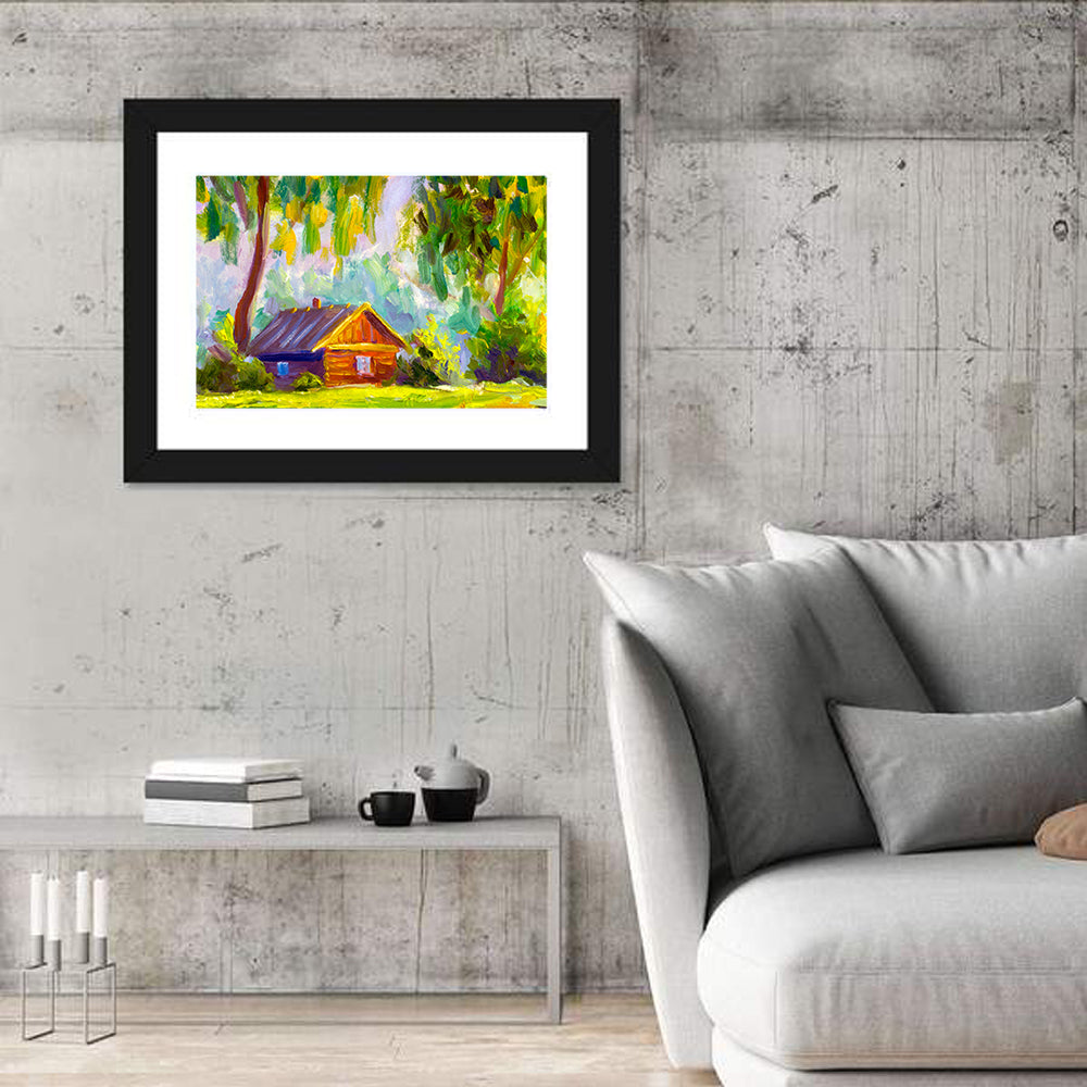 Impressionist Log Cabin in Green Forest Wall Art
