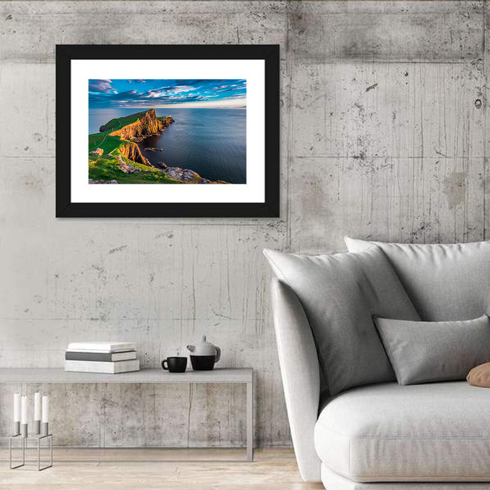 Neist Point Lighthouse at Golden Hour Wall Art in a room, landscape