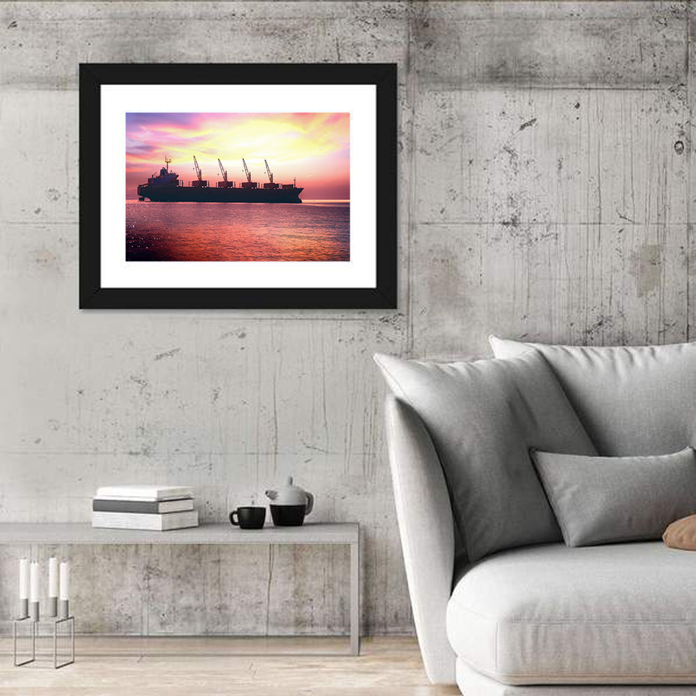 Sunset Cargo Ship Silhouette Wall Art