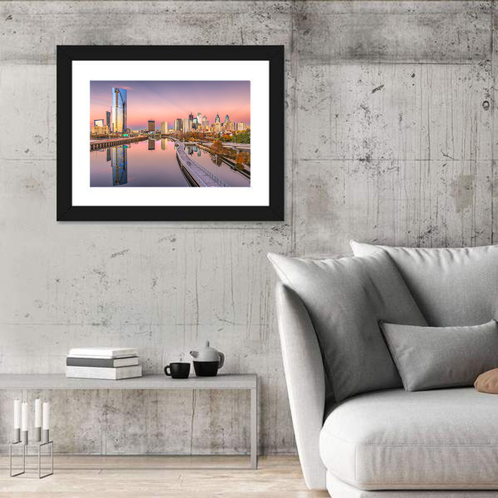 Philadelphia Skyline at Twilight Wall Art in a room, landscape