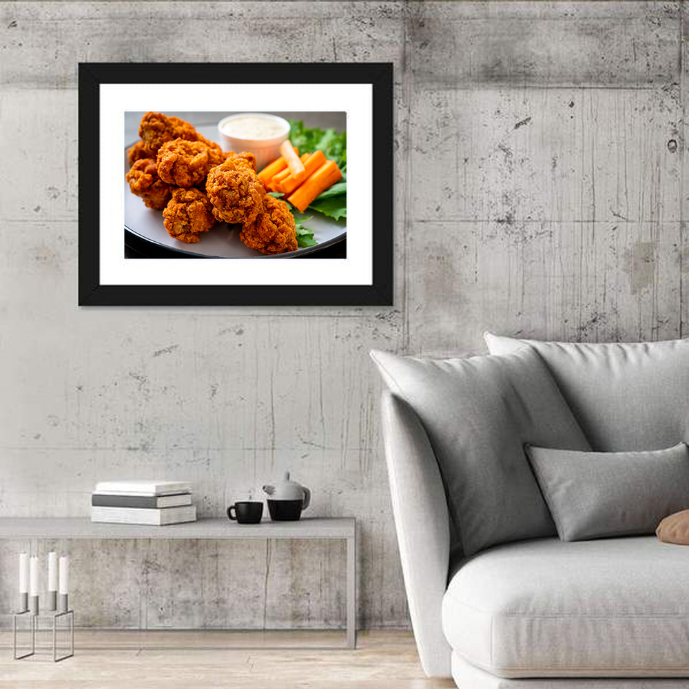 Crispy Spicy Chicken Wings with Carrot Sticks Wall Art in a room, landscape