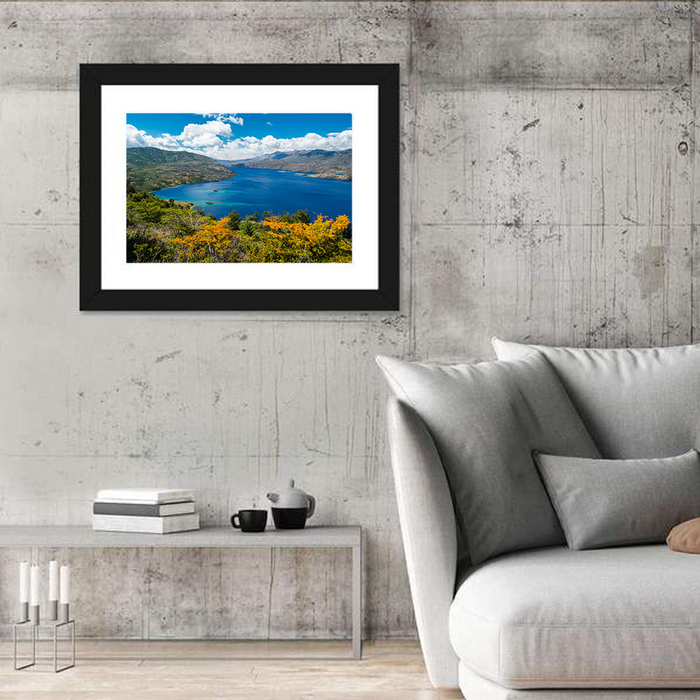 Lake Cochrane Autumn Shore Wall Art in a room, landscape