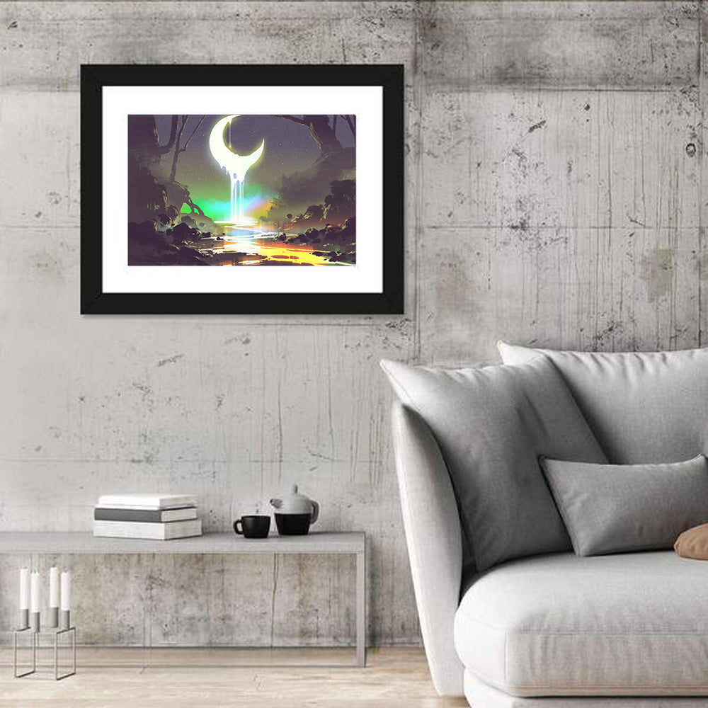 Dripping Moon Over Misty Forest Wall Art in a room, landscape