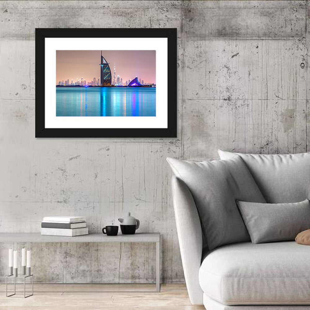 Dubai Night Skyline Wall Art in a room, landscape