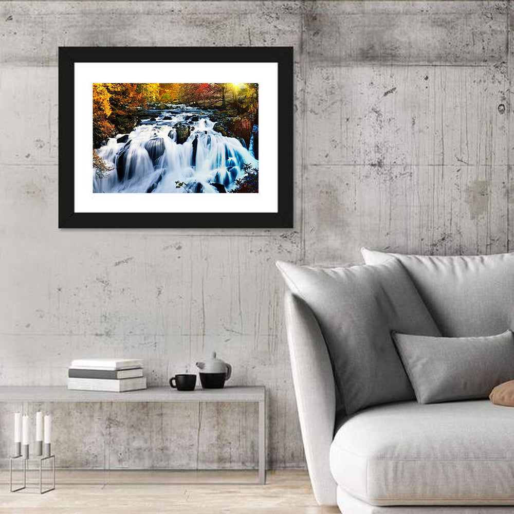 Mossy Autumn Forest Waterfall Wall Art in a room, landscape