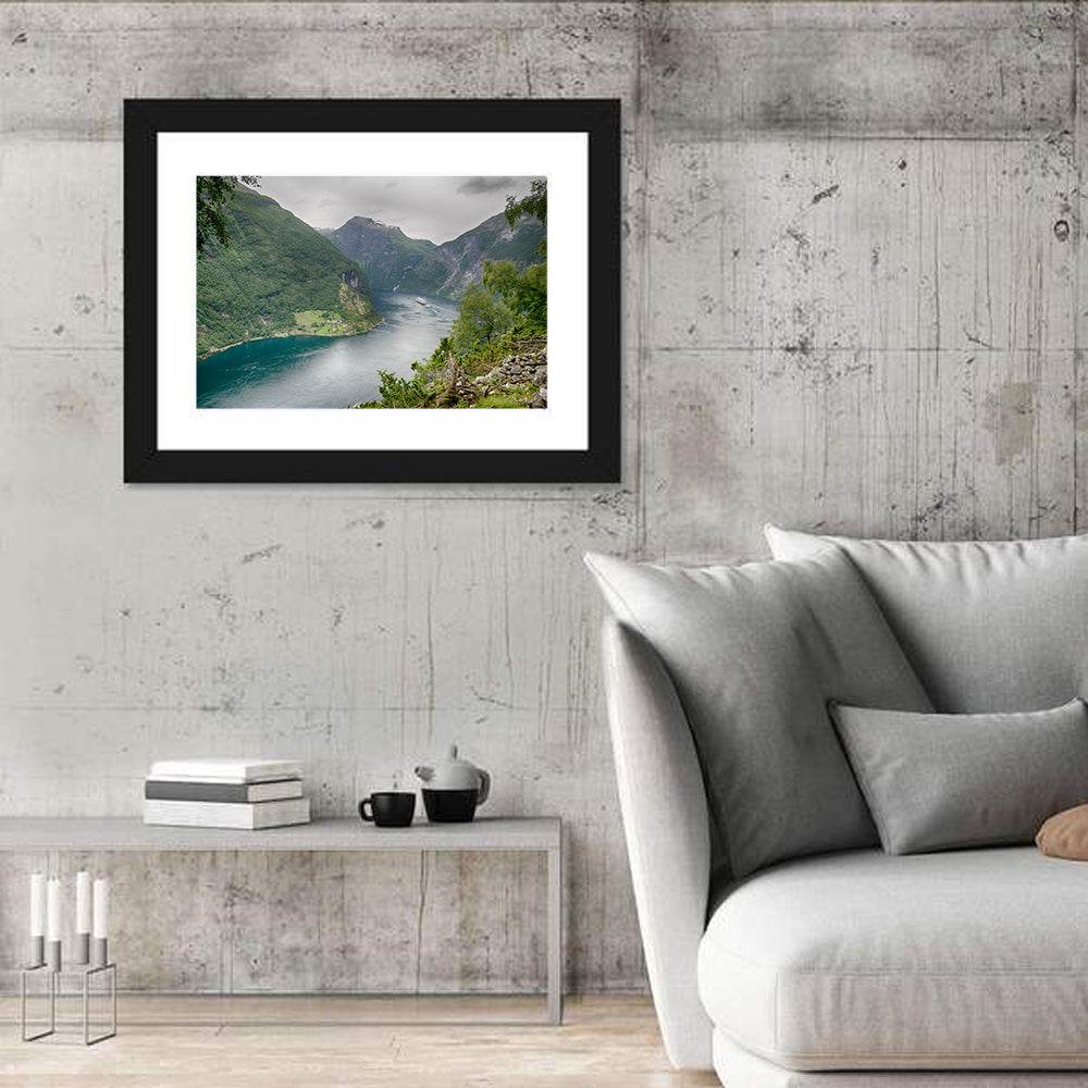 Geirangerfjord with Cruise Ship Wall Art in a room, landscape