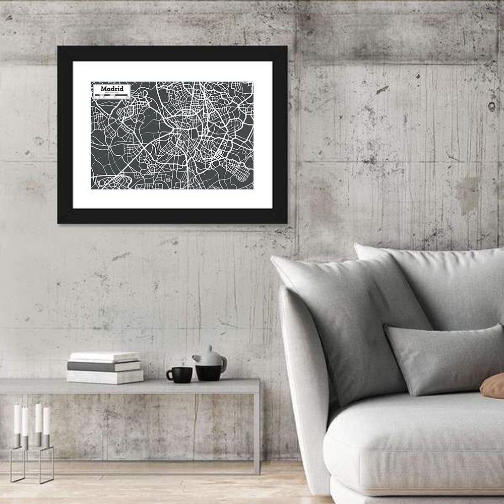 Madrid City Map Wall Art in a room, landscape