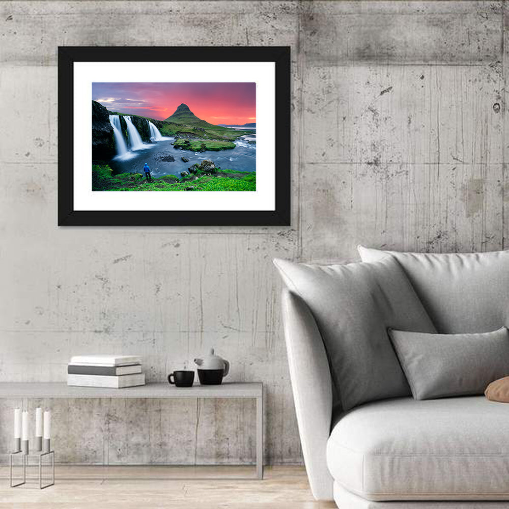 Kirkjufell Sunset with Kirkjufellsfoss Wall Art in a room, landscape