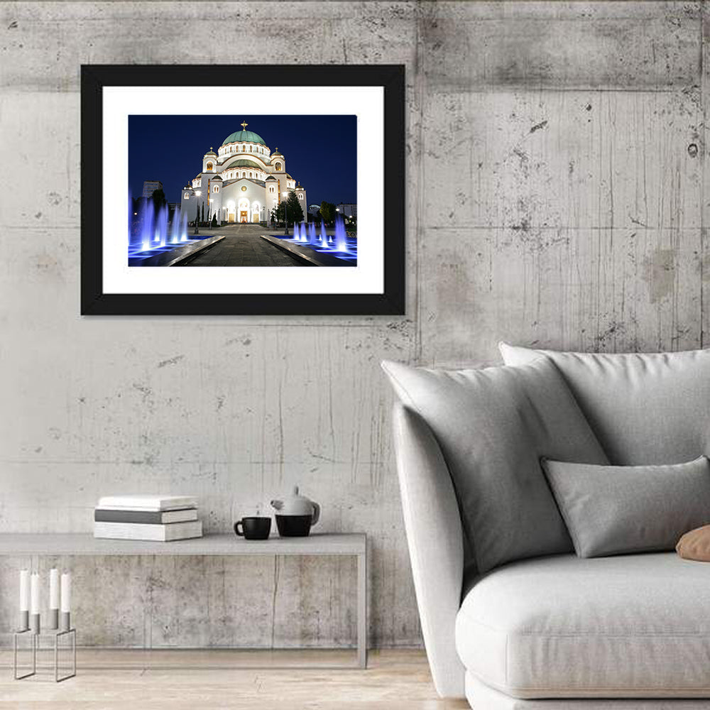Saint Sava Cathedral at Night Wall Art in a room, landscape