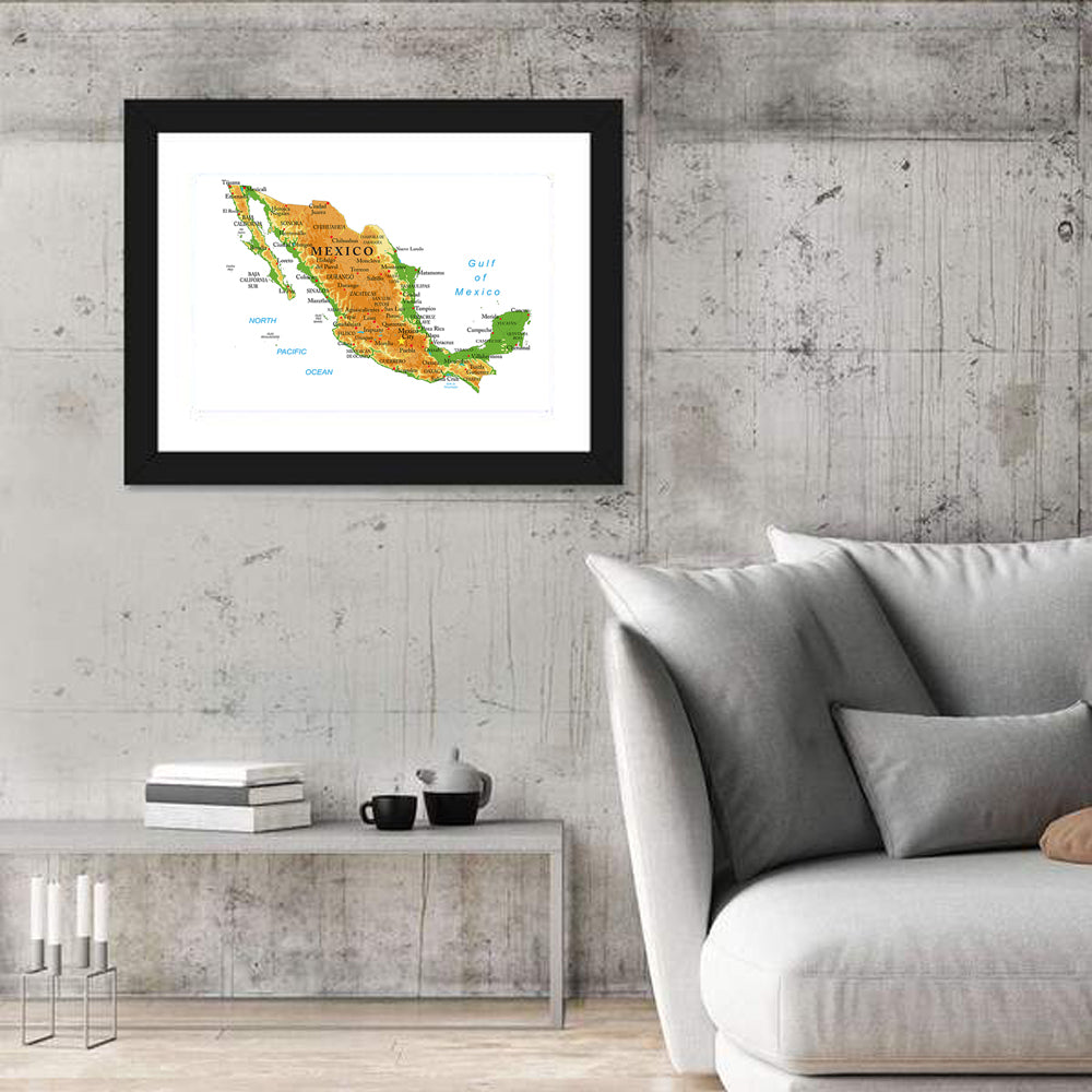 Mexico Physical Map Wall Art in a room, landscape