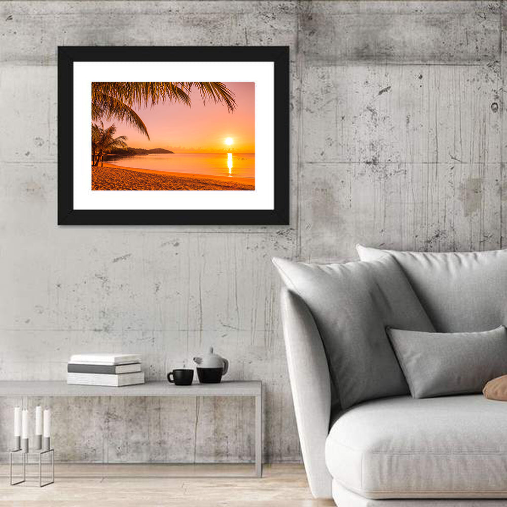 Golden Palm Sunset Wall Art in a room, landscape