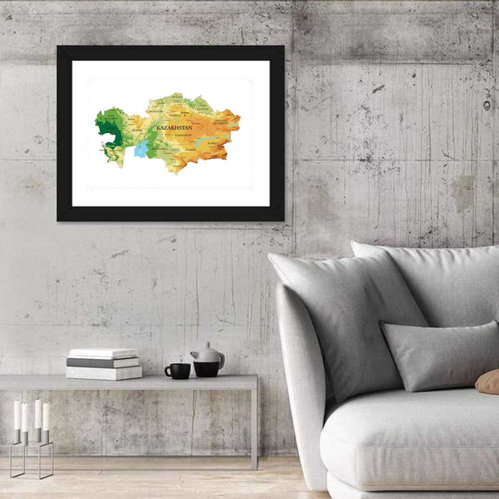 Kazakhstan Relief Map, Color-coded Terrain Wall Art