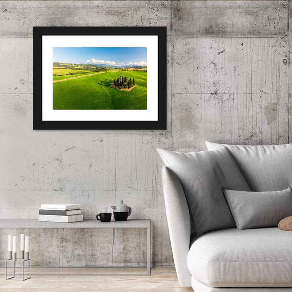 Italian Cypresses on Rolling Hills Wall Art in a room, landscape