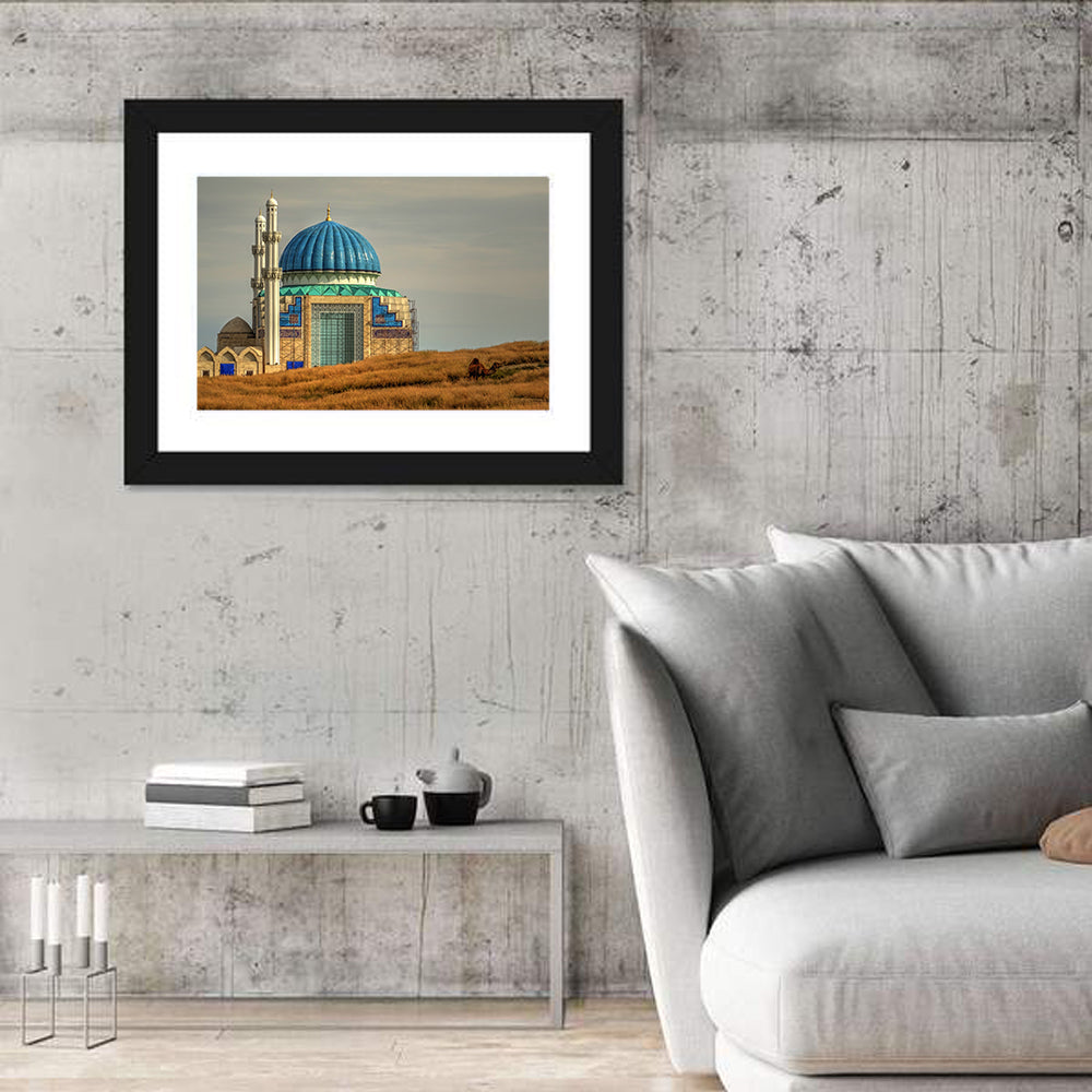 Blue Domed Mosque in Turkistan Wall Art in a room, landscape