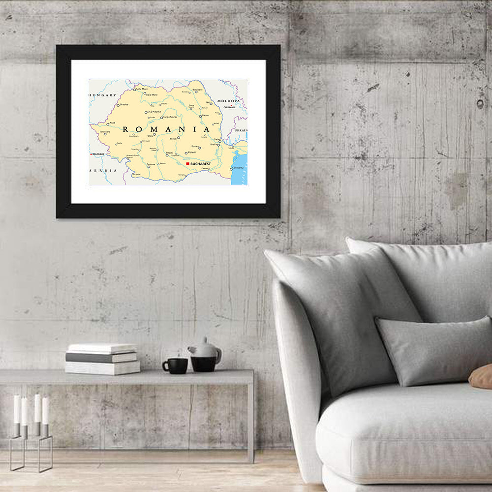 Minimalist Romania Political Map Wall Art in a room, landscape