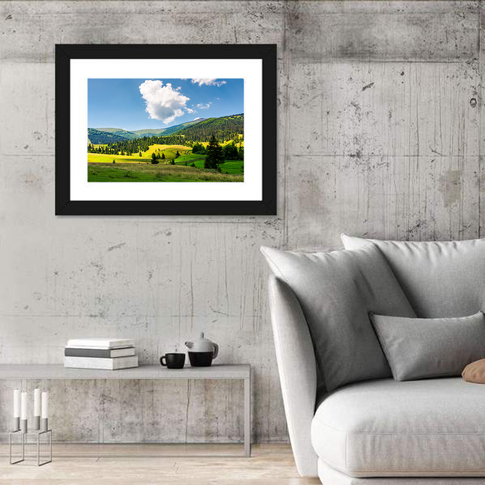 Sunlit Haystacks on Rolling Grassy Hills Wall Art