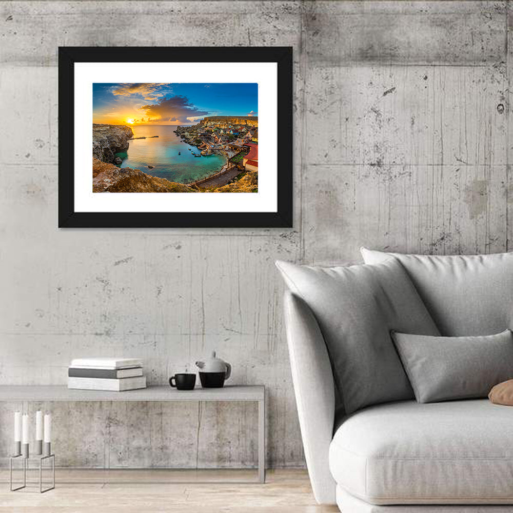 Popeye Village Sunset, Anchor Bay Malta Wall Art in a room, landscape