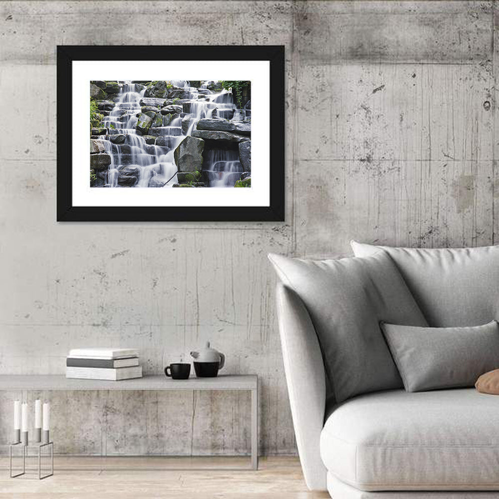 Mossy Tiered Waterfall Wall Art in a room, landscape