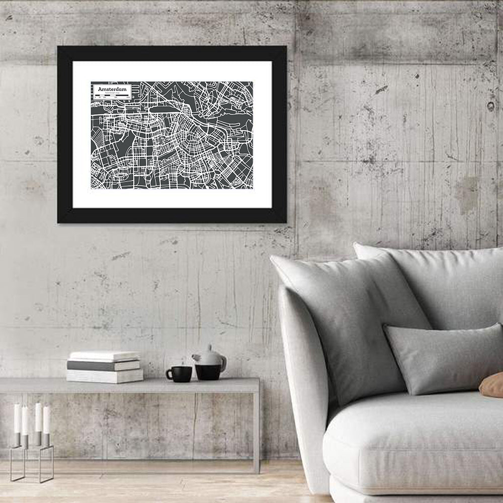 Amsterdam Canal Map Wall Art in a room, landscape